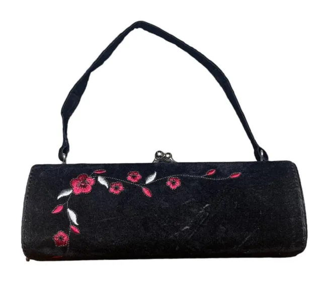 Black Velvet Handbag W Silver Clasp Red Embroidered Flowers Y2K Early 2000s 90s