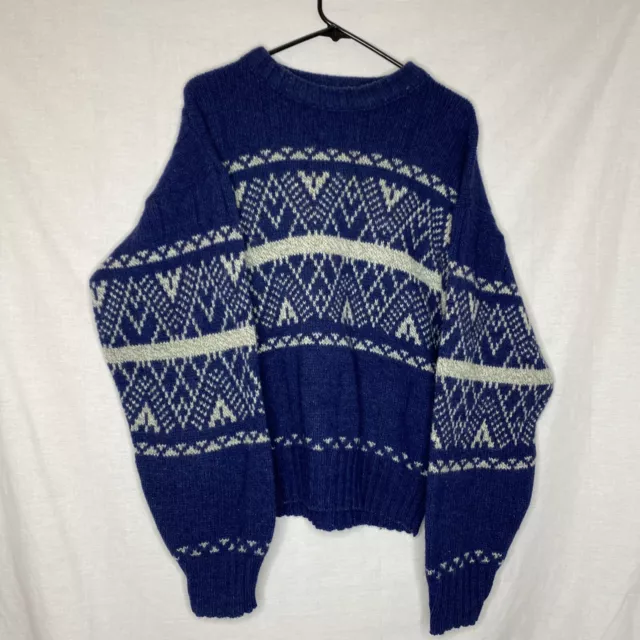 Vintage Fieldmaster Mens Wool Blue White Knit Sweater Sz L Made in USA