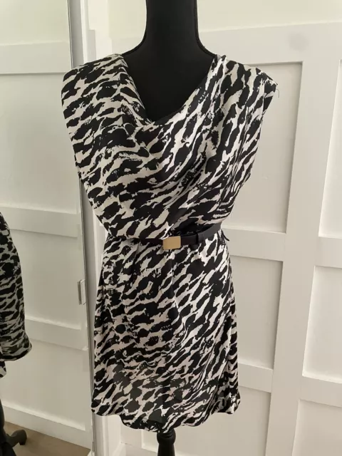 H & M Womens SZ 12 Satin Sheath Dress Abstract Print Sleeveless Cowl Neck Zebra