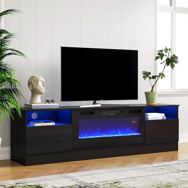 Black Modern LED TV Stand Cabinet Unit  w/36inch Electric Fireplace LED Lights