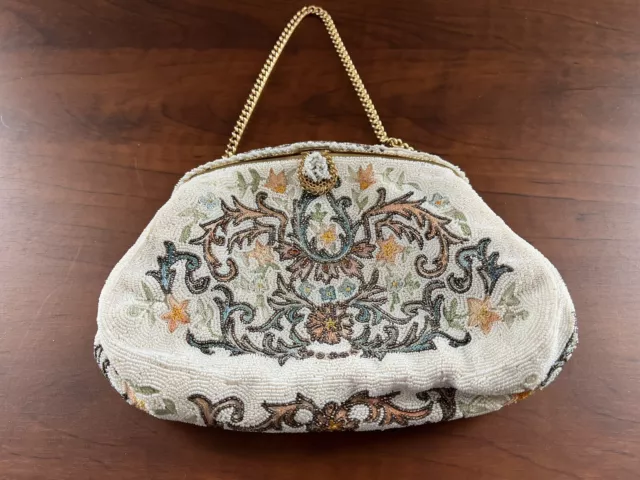 1930s Vintage Oberon, Paris Micro Beaded Purse, gold chain handle, satin lining