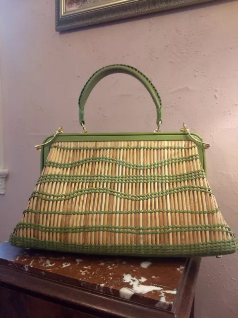 Beautiful Via Spiga Handbag Purse Green Leather Rattan Body