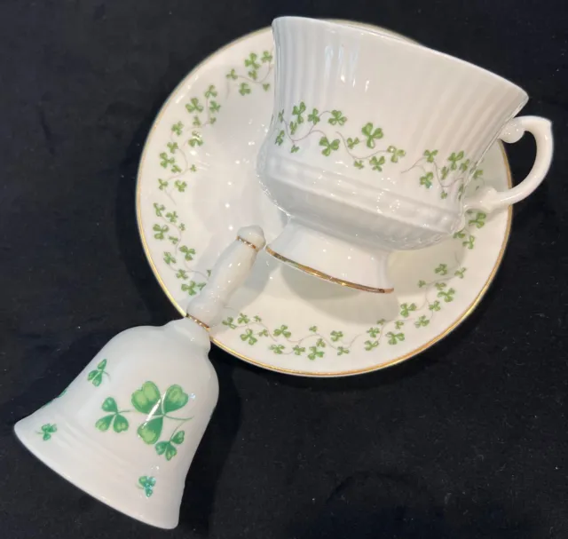 ☘Irish Royal Tara Shamrock Tea Cup Set Bone China & Vintage Lefton Shamrock Bell