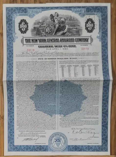 Stock Certificate New York Central $500 Bond Railroad Railway