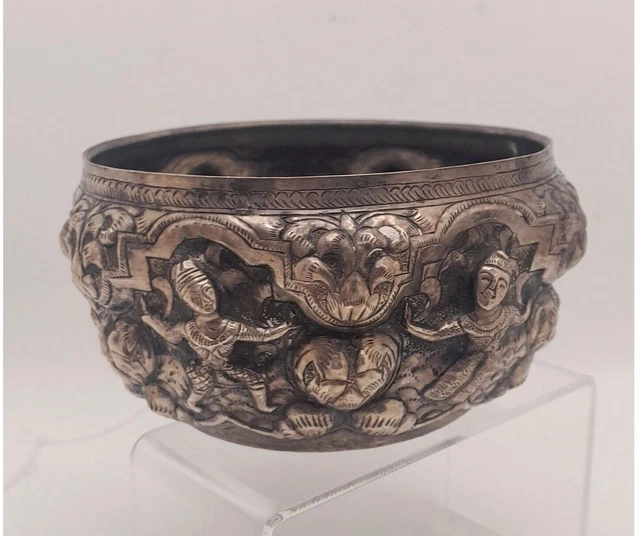 Antique VTG Burmese Thai Repousse 950 Silver Thabeik Bowl Water Offering Dancing