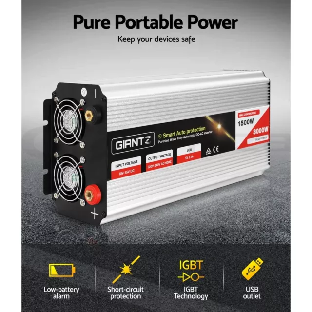 Giantz Power Inverter 1500W/3000W 12V to 240V Pure Sine Wave Camping Car Boat 3