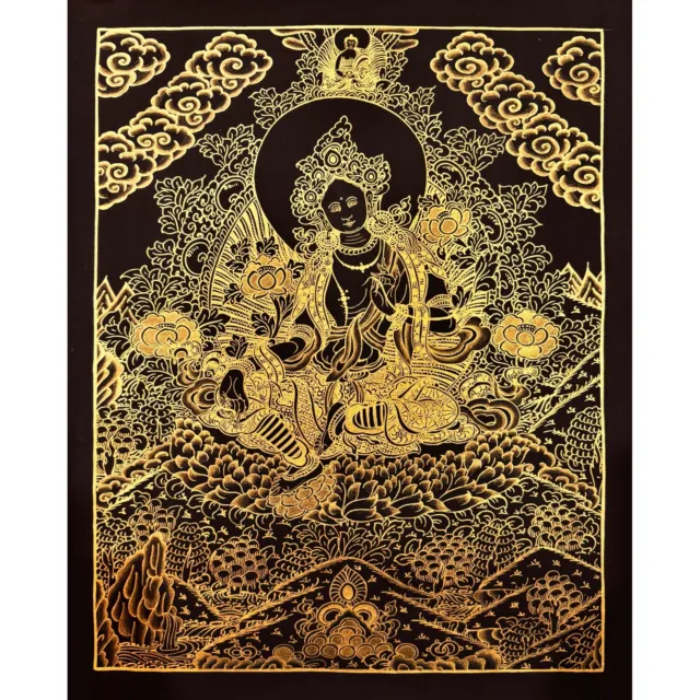 Gold Green Tara Thangka Painting, Dholma Genuine Hand Painted Tibetan Thangka