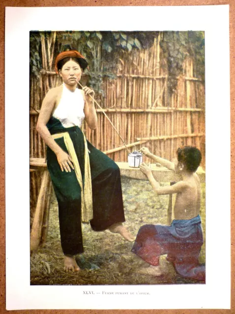 TONKIN Femme fumant de l'opium - Photochromie fin 19ème  gravure  Vietnam