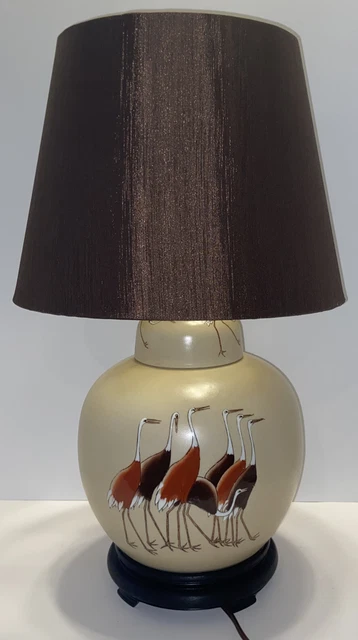Vintage Oriental Hand Painted Crane Ginger Jar Porcelain Table Lamp Hong Kong