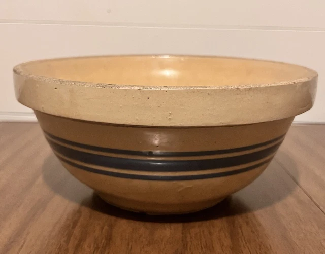 BLUE STRIPE MIXING Bowl 10" Primitive Yellow Ware Vintage Pottery Dough