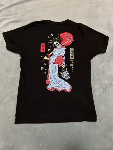 Riot Society Shirt Mens M Black Japan Geisha Samurai Short Sleeve Graphic Tee