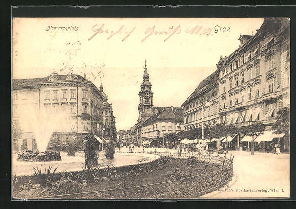 Graz, Bismarckplatz mit Kirche, Ansichtskarte 1899