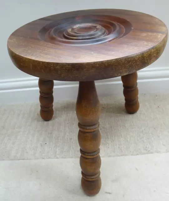 Vintage French  3 legged milking stool, farmhouse, bullseye carved seat