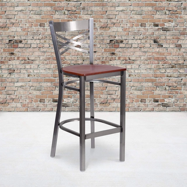 2 Pk. HERCULES Series Clear Coated ''X'' Back Metal Restaurant Barstool - Cherry