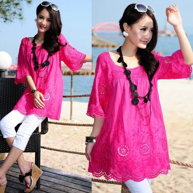 Donna Estate Stile Boemo Ricamo Cotone Top Camicetta Estate Camicie