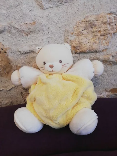 Doudou Peluche Kaloo Chat Boule Plume Jaune Pâle GM Blanc Beige