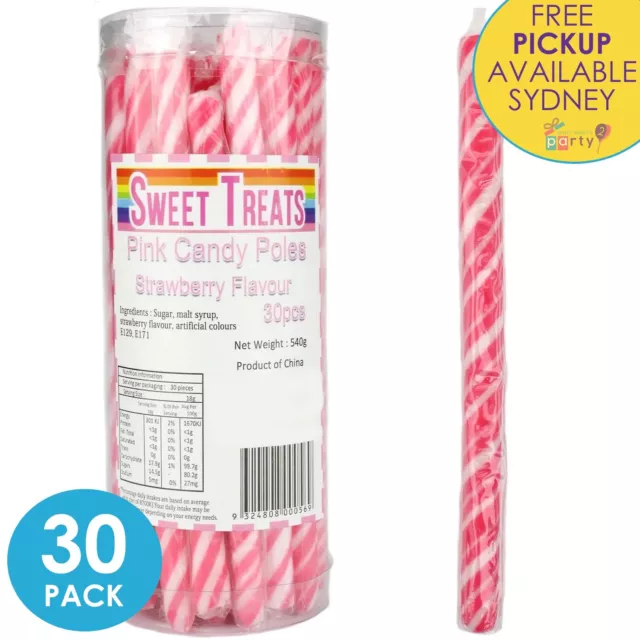 30x PINK STRAWBERRY CANDY POLES STICKS BUFFET LOLLIES BIRTHDAY PARTY BAG FAVOURS