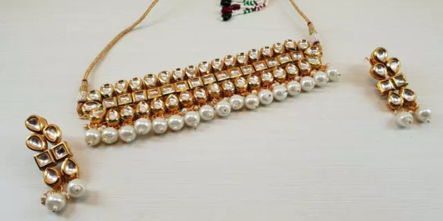 Indien Kundan Plaqué Or Blanc Collier Ras Du Cou Boucles Ensemble Bijoux 1