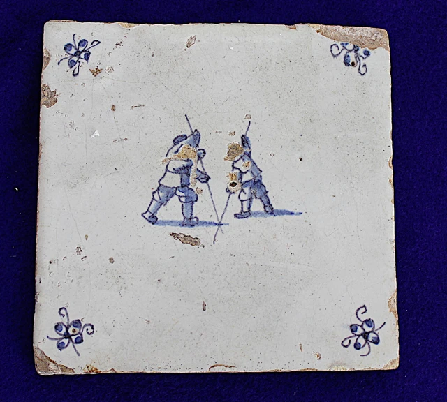 1700s Antique Dutch Delft Blue/White 2  Men Faience Tile #12
