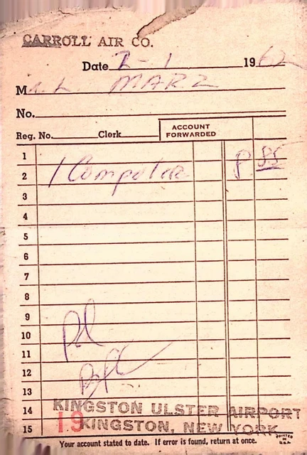 Carrol Air Co Kingston Ulster Airport 1962 Receipt