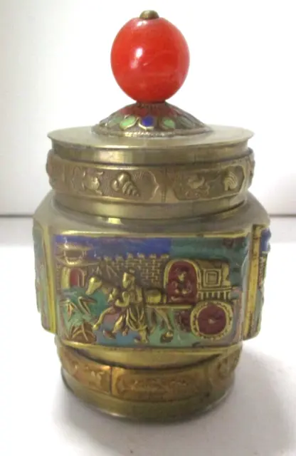 Vintage Chinese Polychrome Enamel Brass Repousse Tea Caddy Match Box Trinket
