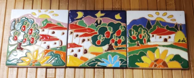 Italian Majolica Ceramic Art Tile Hand Painted Made in Orvieto (3) Signed 3.9"