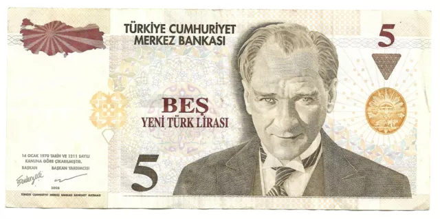 Turkey Banknote -  5 Liras  - Issued 2005 -  Number B03 073521