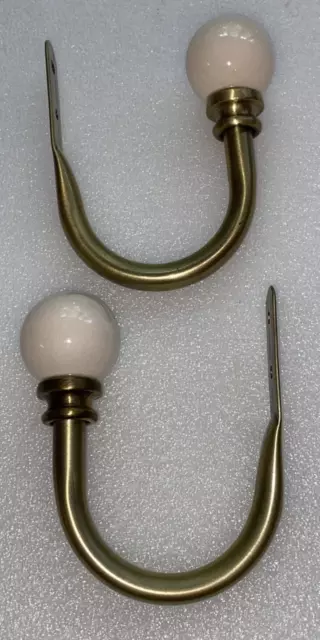 Lot of 2 White Gold Brass Tone Curtain Drapery Tie Backs Hold Backs