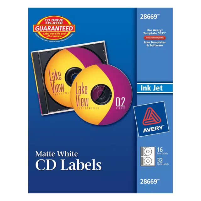 Avery Matte White CD Labels for Inkjet Printers, 16 Face Labels & 32 Spine 2