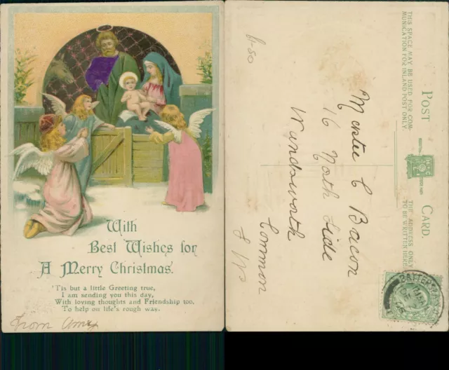 Merry Christmas Nativity Scene GB KEVII 1906 Battersea So Cancel