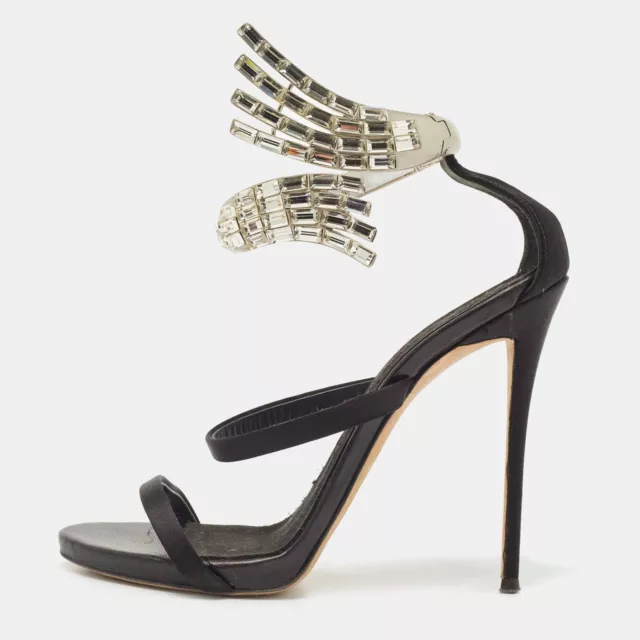 Giuseppe Zanotti Black Satin Crystal Embellished Vera Ankle Cuff Sandals