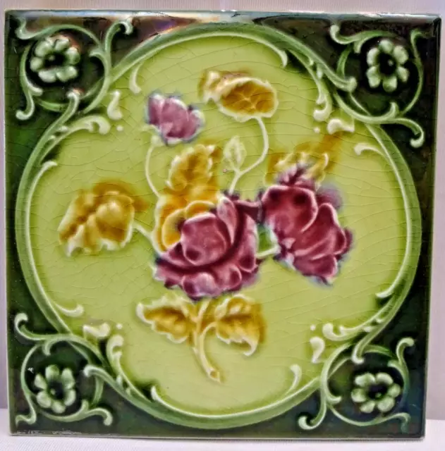 Antique Tile Majolica England Ceramic Rose Flower Purple Green Architecture "113