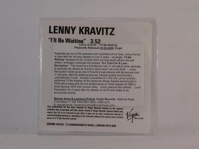 LENNY KRAVITZ I'LL BE WAITING (E50) 1 Track Promo CD Single White