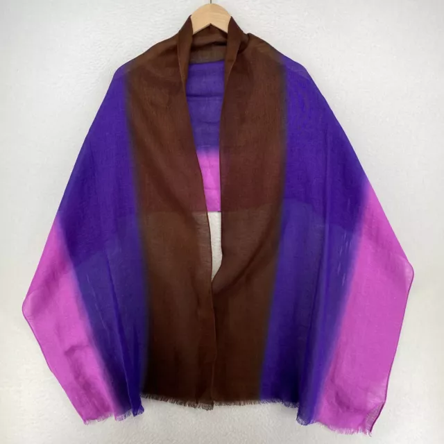 ECHO Shawl Wrap Scarf Linen Blend Colorblock Fringe Purple Brown 20"x72"