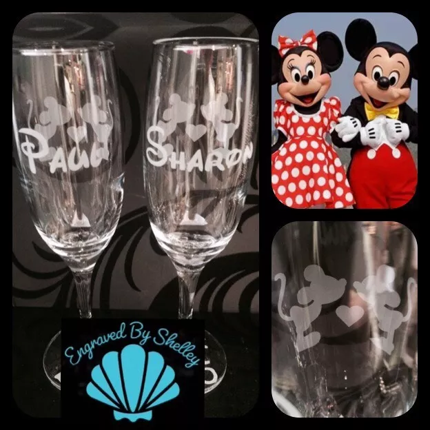 Personalised Disney Minnie Mickey Mouse Pair Of Champagne Flutes Wedding Glasses