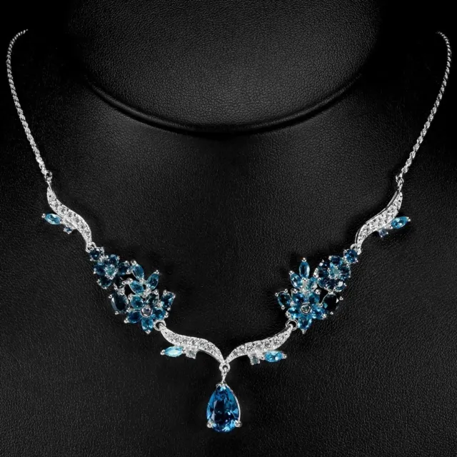 Genuine Aaa London Blue Topaz & White Cz Sterling 925 Silver Necklace 23.25"
