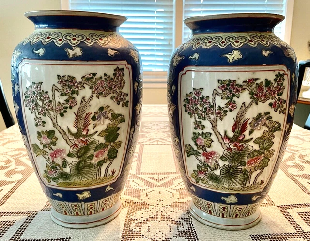 2 Vtg Tongzhi China ASIAN Porcelain Chinoiserie VASES PHOENIX BIRDS FLOWERS 12"