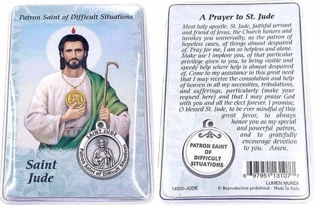 ST JUDE PATRON of Difficult Situations Laminated Prayer Card w Medal ...