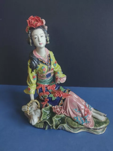 Chinese Wucai Porcelain Pottery Xishi China Lady Women Statue Marked Vintage