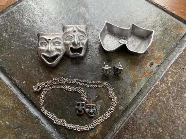 Vintage Comedy-Tragedy Theater Pewter Torino Pin Necklace Earrings Set Vintage Comedy-Tragedy Theater Pewter Torino Pin Necklace Earrings Set