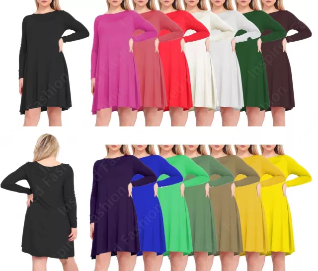 Women Ladies Long Sleeve Swing Dress Flared A Line Skater Dress Top Size 8-26