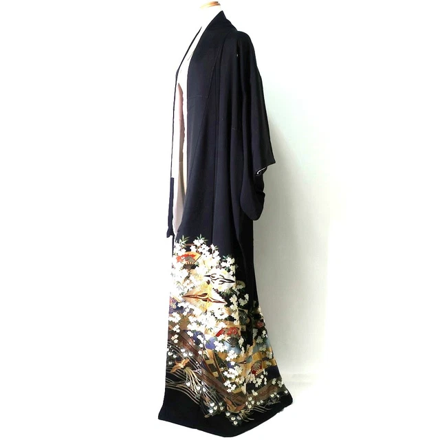 8889B3 Silk Japanese Kimono Tomesode Cherry Blossom Crane Birds