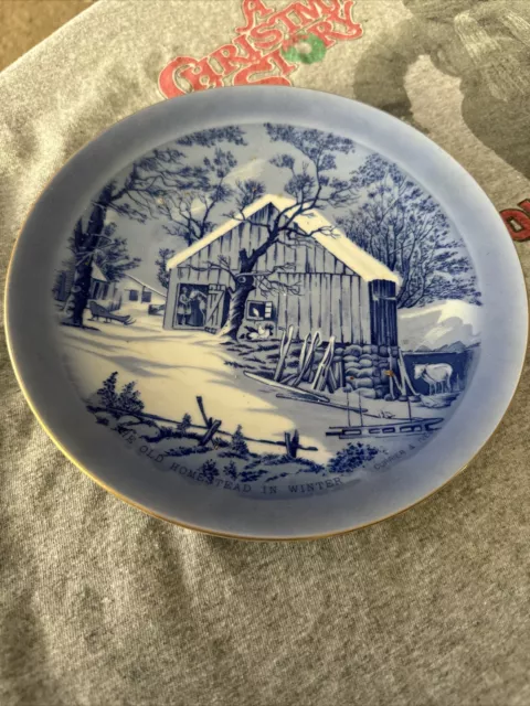 Vintage 'The Old Homestead in Winter' Blue Collector 8.25" Plate Currier & Ives