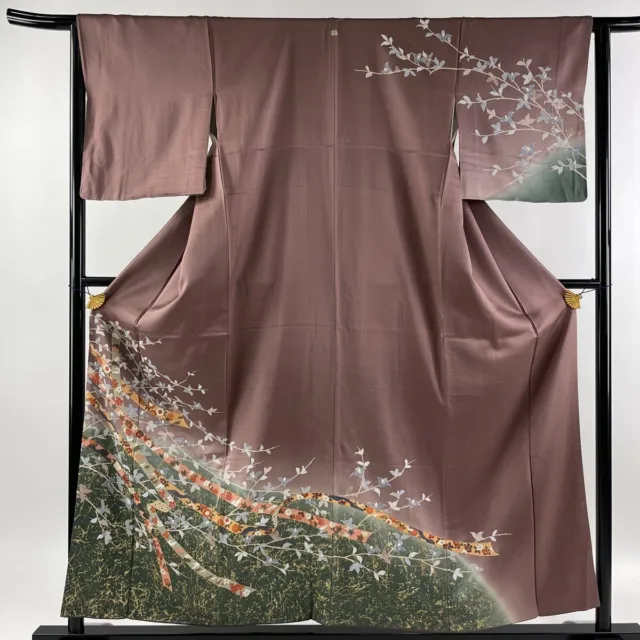 Japanese Silk Kimono Houmongi Gold Foil Pine Bamboo Plum Dyed Gray Purple 61"