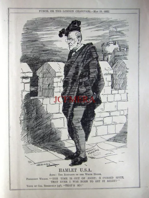 'Hamlet U.S.A.' (Pres Wilson & White House) 1915 WW1 Wartime Punch Cartoon Print