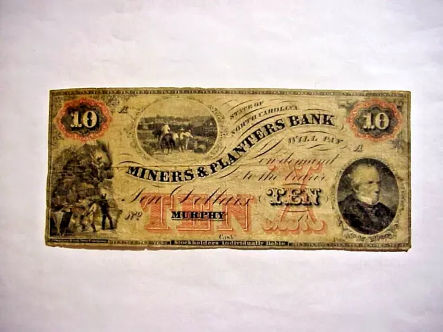 MINERS & PLANTERS BANK No. Carolina TEN DOLLAR  BANKNOTE Obsolete Currency  1857