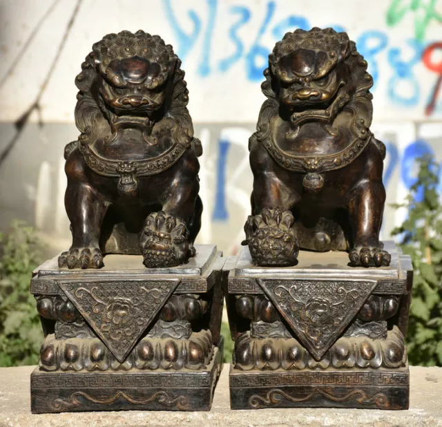 17" Chinese Palace Bronze Feng Shui Folk Guardian Foo Fu Dog Door Lion Statue