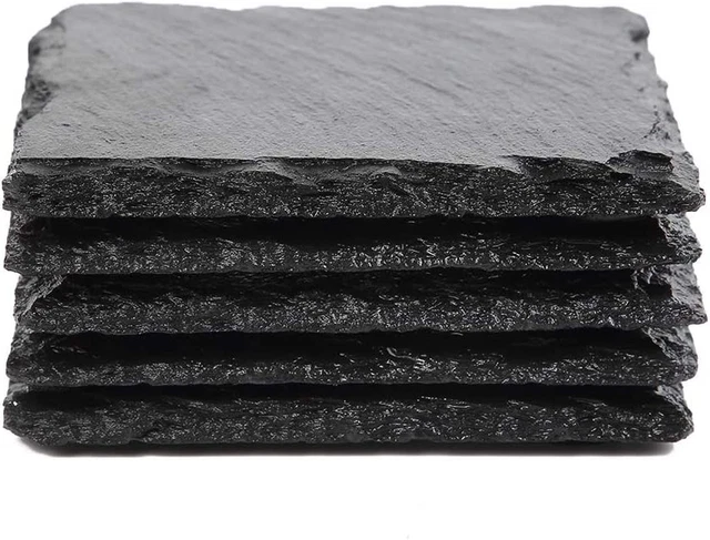 Slate Stone Drink Coasters - Set of 5 Square Black Natural Edge Stone Drink Coas