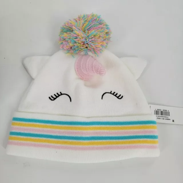 NEW Old Navy Girls Size M White Pom Pom Beanie Sleeping Eyes Pom Pom Unicorn Hat