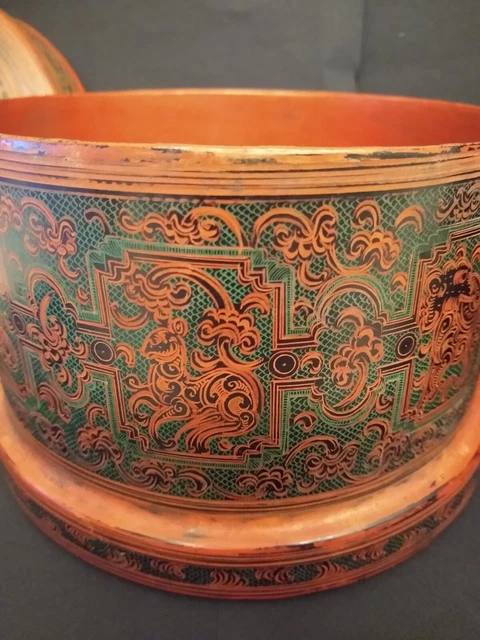 Burmese Asian Orange Lacquer Betel Nut Box RARE Zodiac and Maker Inscription 22